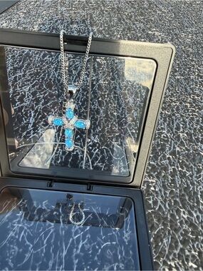 #118 Silver Cross Pendant Necklace with Blue Opal Inlay